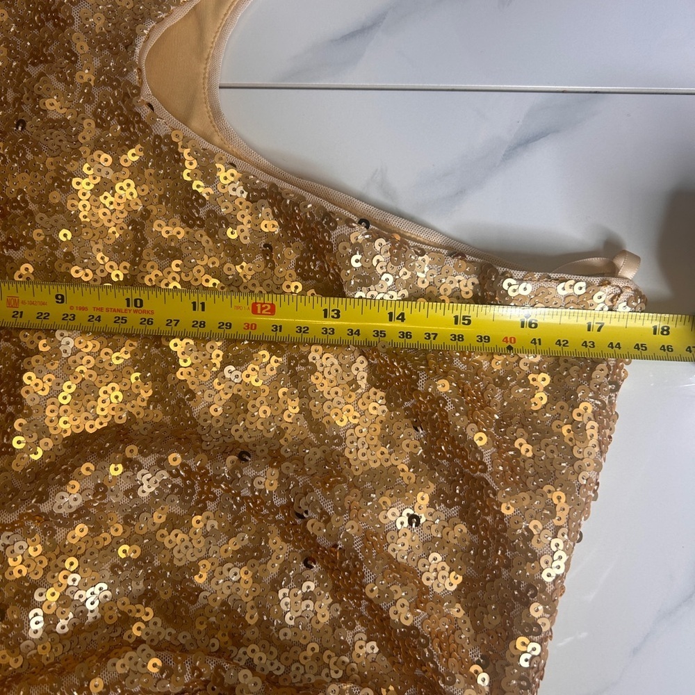 BCBGMAXAZRIA Women's Fit and Flare Floor Length Sequin Evening Gown Gold Sz.L - Picture 12 of 16